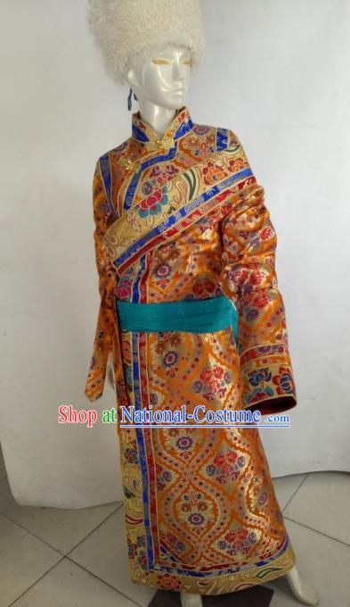 Chinese Tibetan Nationality Costume Golden Tibetan Robe, Traditional Zang Ethnic Minority Clothing for Women