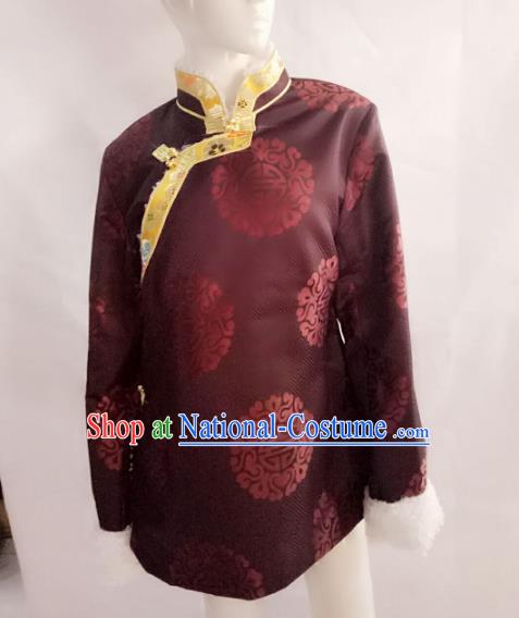 Chinese Tibetan Nationality Costume Purple Cotton-padded Jacket, Traditional Zang Ethnic Minority Clothing for Women