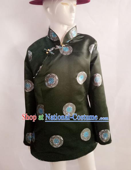 Traditional Chinese Zang Nationality Costume Green Cotton-padded Jacket, Tibetan Ethnic Minority Coat for Men