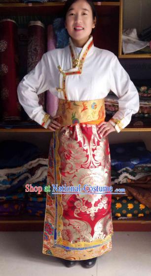 Chinese Tibetan Nationality Costume Red Skirt, Traditional Zang Ethnic Minority Clothing for Women