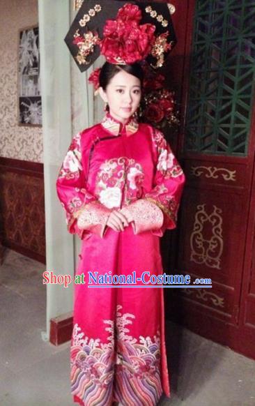 Chinese Qing Dynasty Manchu Last Empress Wanrong Embroidered Dress Replica Costumes for Women