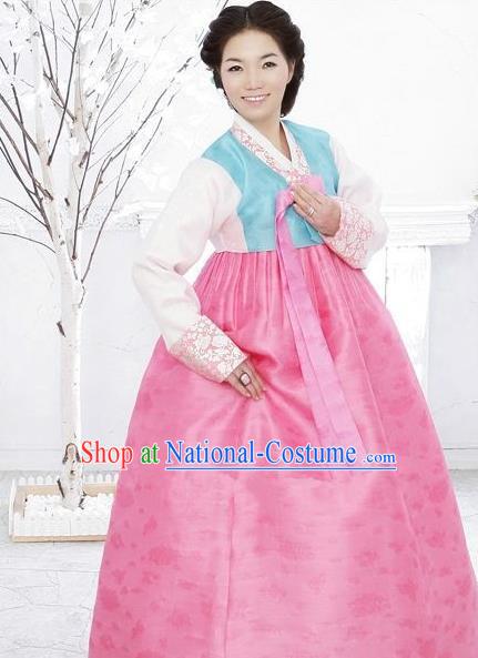 Korean Traditional Bride Hanbok Clothing Blue Blouse and Pink Skirt Korean Fashion Apparel Costumes for Women