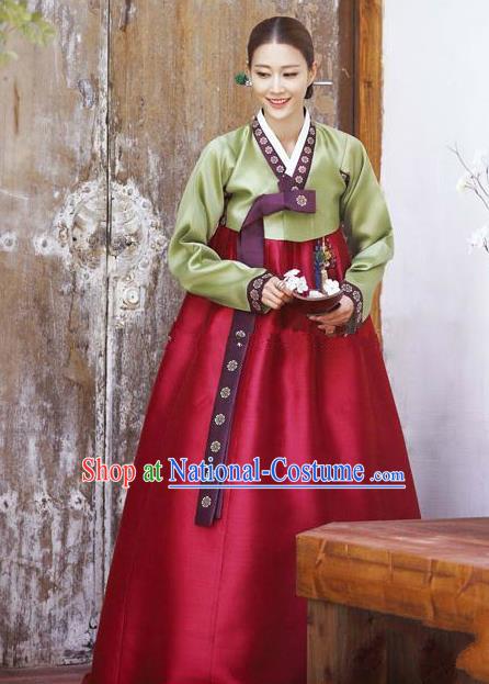 Korean Traditional Bride Hanbok Clothing Green Blouse and Wine Red Dress Korean Fashion Apparel Costumes for Women