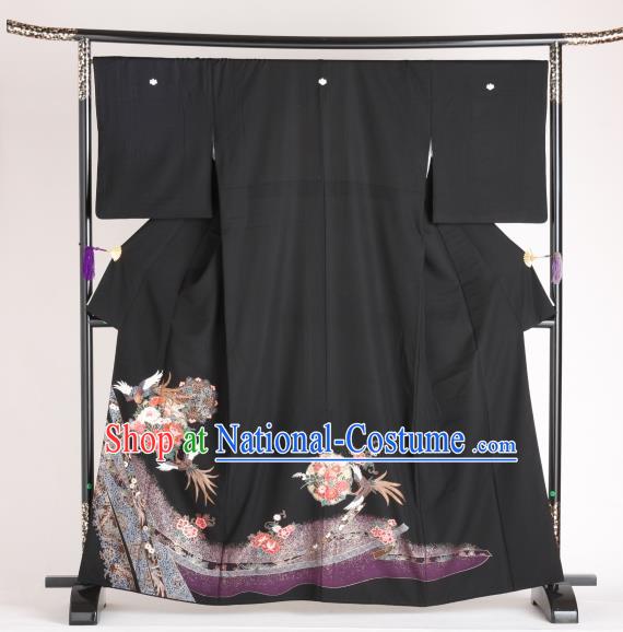 Japan Ancient Black Furisode Kimonos Traditional Female Printing Yukata Dress Formal Costume for Women