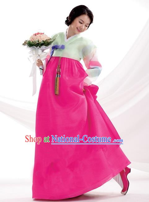 Korean Traditional Bride Palace Hanbok Clothing Korean Fashion Apparel Green Blouse and Rosy Dress for Women