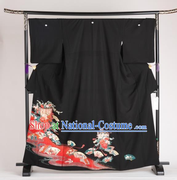 Japan Ancient Printing Black Furisode Kimonos Traditional Female Yukata Dress Formal Costume for Women