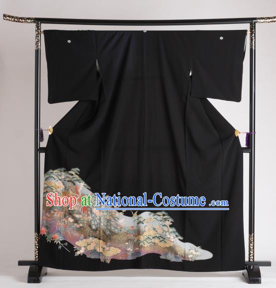 Japan Ancient Printing Phoenix Black Furisode Kimonos Traditional Female Yukata Dress Formal Costume for Women