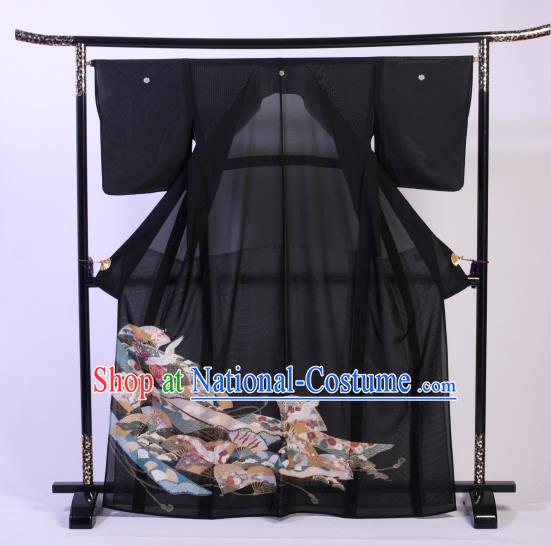 Japan Ancient Black Silk Furisode Kimonos Traditional Female Yukata Dress Formal Costume for Women