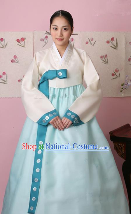 Korean Traditional Palace Clothing Hanbok Fashion Apparel White Blouse and Blue Dress for Women