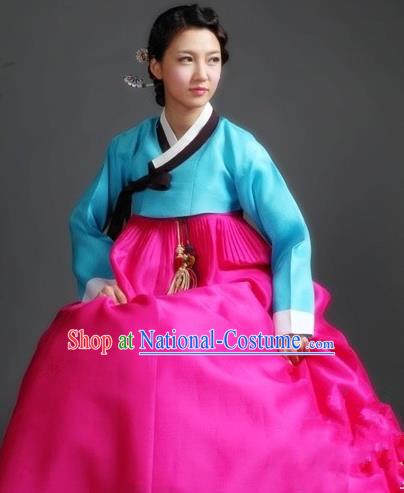 Korean Traditional Palace Garment Hanbok Fashion Apparel Costume Blue Blouse and Rosy Dress for Women