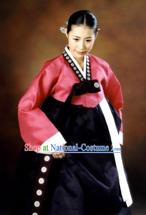 Korean Traditional Palace Garment Hanbok Fashion Apparel Costume Red Blouse and Navy Dress for Women