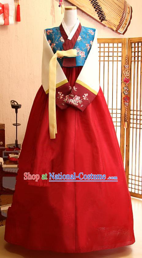 Korean Traditional Palace Garment Hanbok Fashion Apparel Costume Blue Blouse and Red Dress for Women