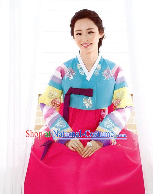 Korean Traditional Palace Garment Hanbok Fashion Apparel Costume Blue Embroidered Blouse and Pink Dress for Women