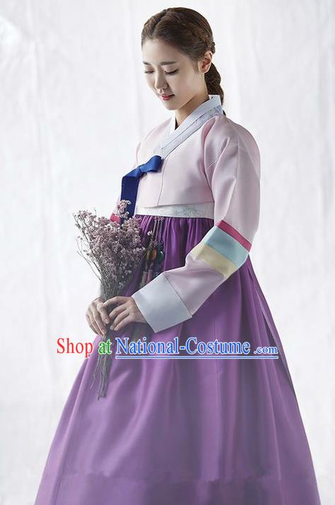 Korean Traditional Palace Garment Hanbok Fashion Apparel Costume Bride Pink Blouse and Purple Dress for Women