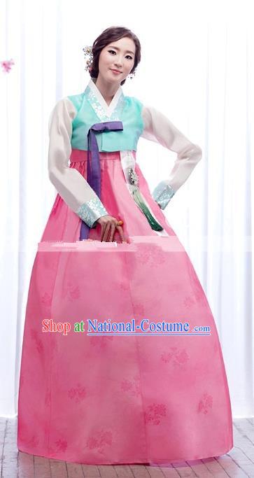 Korean Traditional Palace Garment Hanbok Fashion Apparel Costume Bride Blue Blouse and Pink Dress for Women