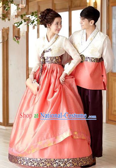 Korean Traditional Garment Palace Orange Hanbok Fashion Apparel Bride and Bridegroom Costumes Complete Set