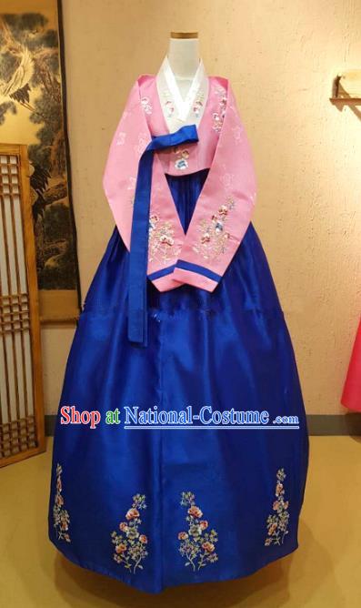 Korean Traditional Garment Palace Hanbok Pink Blouse and Royalblue Dress Fashion Apparel Bride Costumes for Women