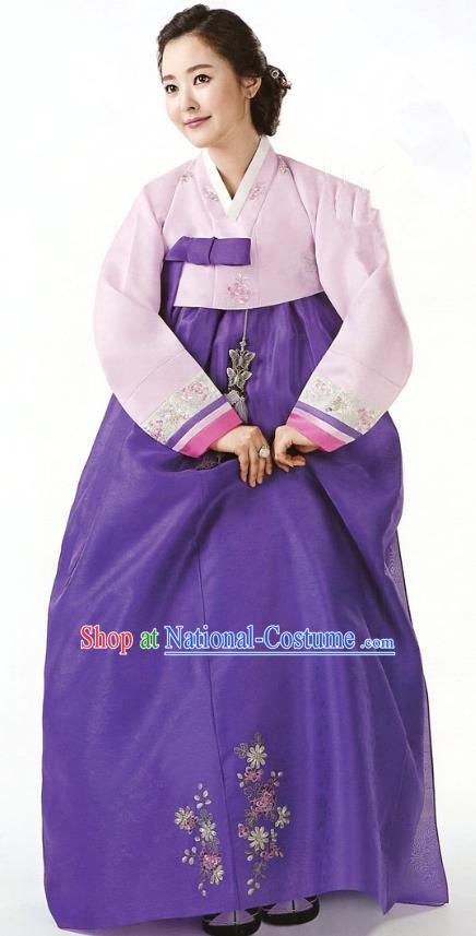 Korean Traditional Garment Palace Hanbok Pink Blouse and Purple Dress Fashion Apparel Bride Costumes for Women