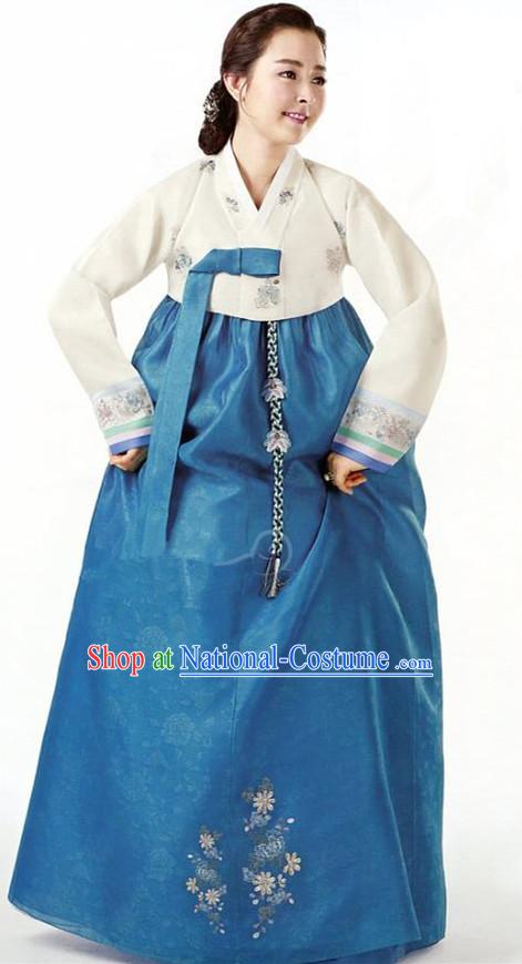 Korean Traditional Garment Palace Hanbok White Blouse and Blue Dress Fashion Apparel Bride Costumes for Women