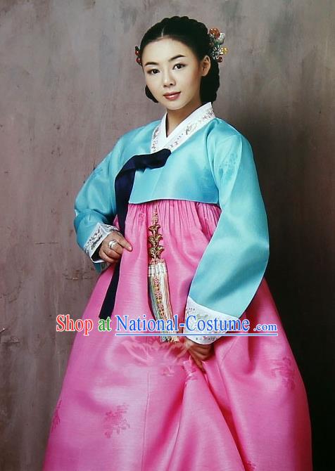 Korean Traditional Garment Palace Hanbok Blue Blouse and Pink Dress Fashion Apparel Bride Costumes for Women