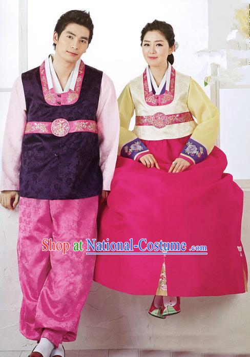 Asian Korean Traditional Palace Hanbok Wedding Clothing Ancient Korean Bride and Bridegroom Costumes Complete Set