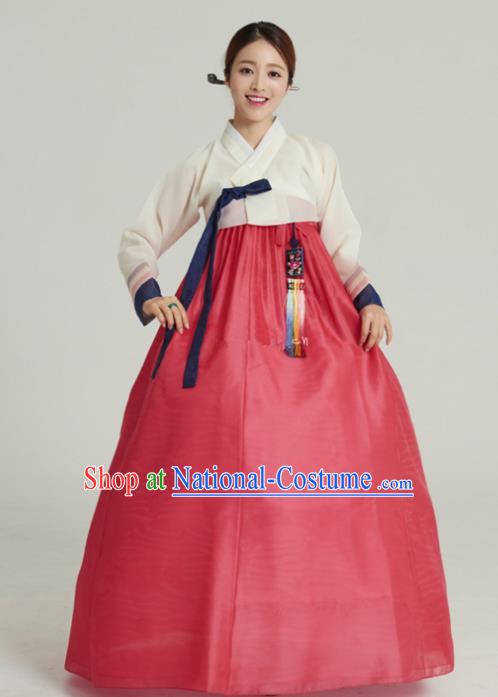 Korean Traditional Handmade Palace Hanbok White Blouse and Red Dress Fashion Apparel Bride Costumes for Women