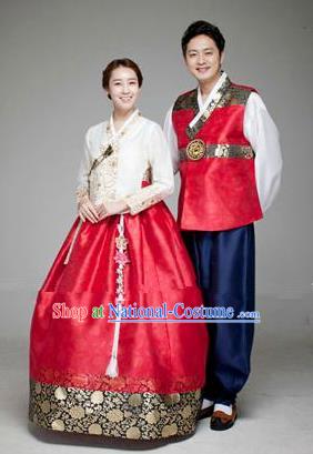 Asian Korean Traditional Palace Hanbok Clothing Ancient Korean Bride and Bridegroom Costumes Complete Set