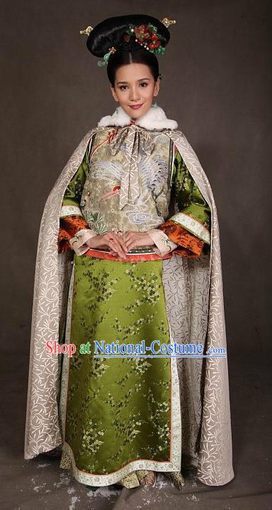 Chinese Ancient Qing Dynasty Manchu Dress Imperial Concubine Jing Embroidered Costume for Women