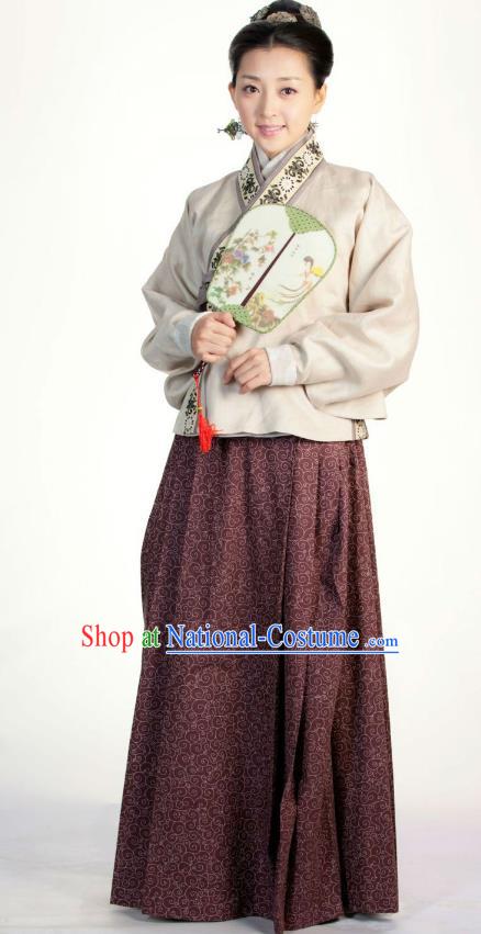 Ancient Chinese Ming Dynasty Historical Costume Female Embroider Brown Replica Costume for Women