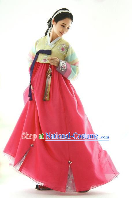 Top Grade Korean Traditional Palace Hanbok Yellow Blouse and Pink Dress Fashion Apparel Bride Costumes for Women