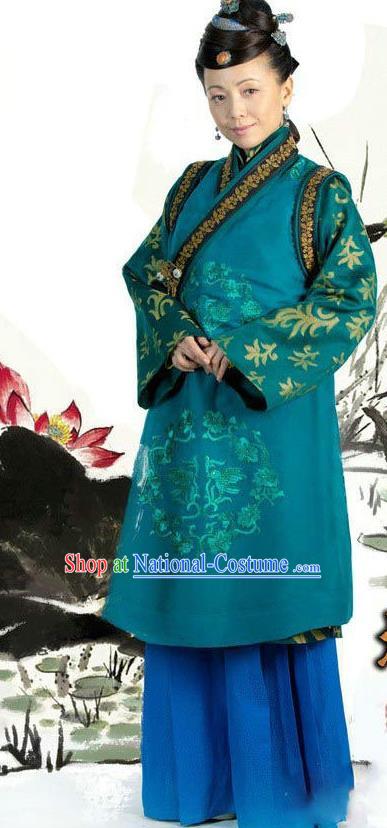 Ancient Chinese Ming Dynasty Historical Costume Dowager Countess Green Replica Costume for Women