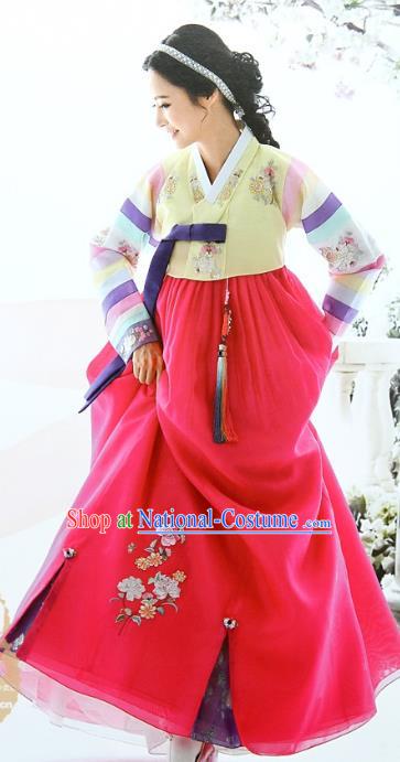 Top Grade Korean Bride Traditional Palace Hanbok Yellow Blouse and Red Dress Fashion Apparel Costumes for Women