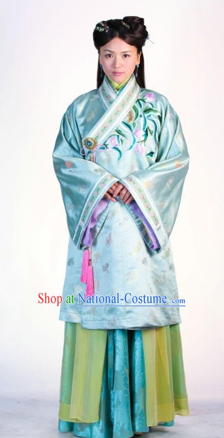 Ancient Chinese Ming Dynasty Historical Costume Palace Lady Blue Embroidered Replica Costume for Women