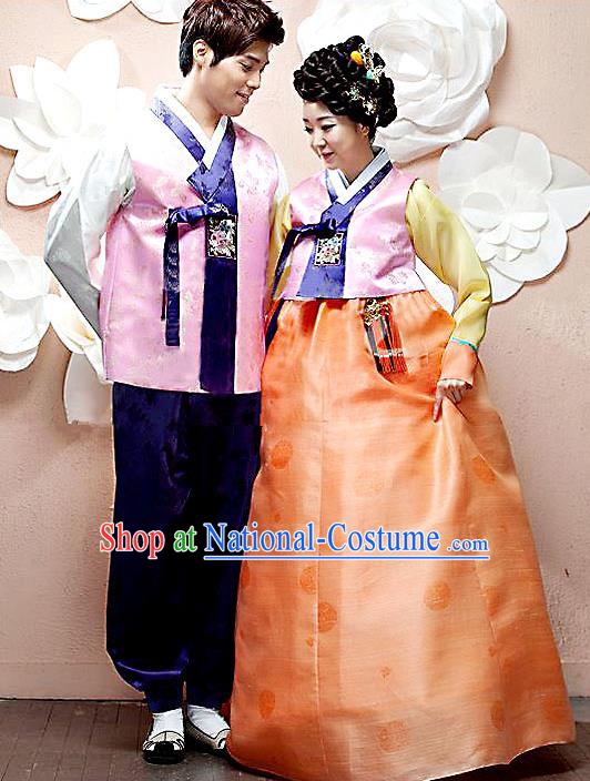 Asian Korean Palace Wedding Hanbok Clothing Ancient Traditional Bride and Bridegroom Costumes Complete Set