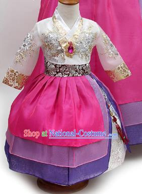 Top Grade Korean Palace Hanbok Traditional White Blouse and Rosy Dress Fashion Apparel Costumes for Kids