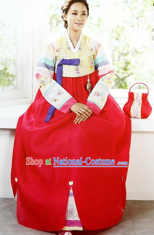 Top Grade Korean Palace Hanbok Traditional Yellow Blouse and Red Dress Fashion Apparel Costumes for Women