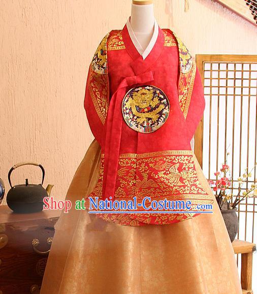 Top Grade Korean Palace Hanbok Traditional Red Blouse and Golden Dress Fashion Apparel Costumes for Women