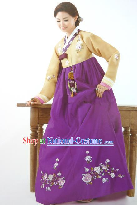 Top Grade Korean Palace Hanbok Traditional Yellow Blouse and Purple Dress Fashion Apparel Costumes for Women