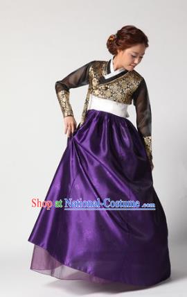 Top Grade Korean Hanbok Traditional Golden Blouse and Purple Dress Fashion Apparel Costumes for Women