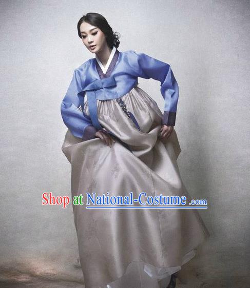 Top Grade Korean Hanbok Traditional Blue Blouse and Grey Dress Fashion Apparel Costumes for Women