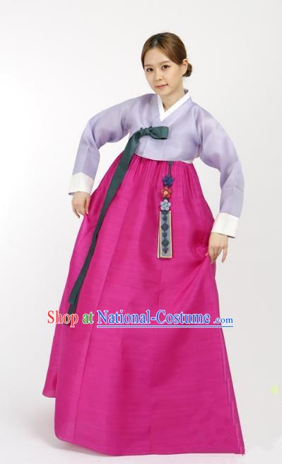 Top Grade Korean Hanbok Traditional Bride Lilac Blouse and Rosy Dress Fashion Apparel Costumes for Women