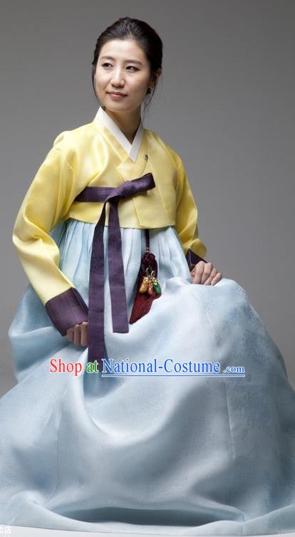 Top Grade Korean Hanbok Traditional Bride Yellow Blouse and Blue Dress Fashion Apparel Costumes for Women