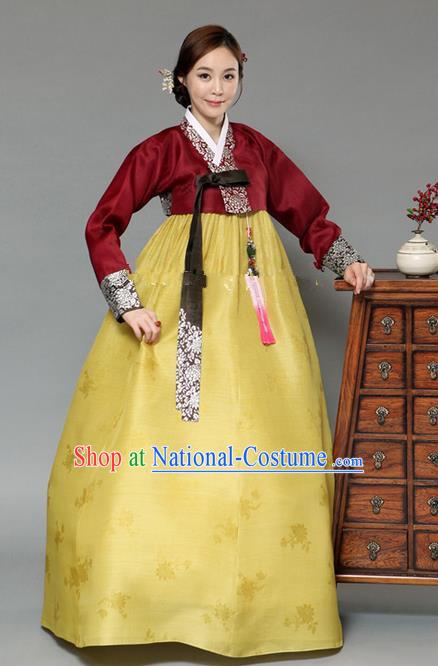 Top Grade Korean Hanbok Traditional Bride Wine Red Blouse and Yellow Dress Fashion Apparel Costumes for Women