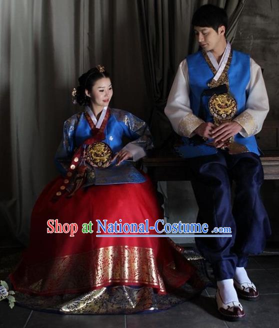 Asian Korean Palace Traditional Wedding Embroidered Hanbok Ancient Korean Bride and Bridegroom Costumes Complete Set