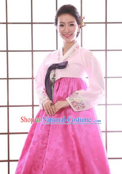 Top Grade Korean Traditional Hanbok Pink Blouse and Rosy Dress Fashion Apparel Costumes for Women