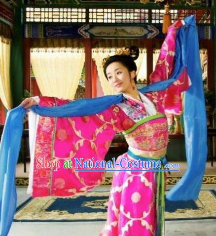 Chinese Ancient Ming Dynasty Imperial Concubine Embroidered Dance Dress Costume and Headpiece Complete Set for Women