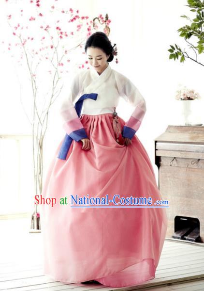 Top Grade Korean Hanbok Traditional Bride White Blouse and Pink Dress Fashion Apparel Costumes for Women