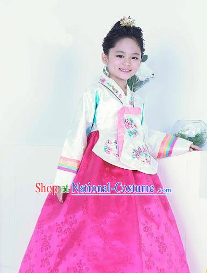 Top Grade Korean Hanbok Traditional Bride White Blouse and Pink Dress Fashion Apparel Costumes for Kids