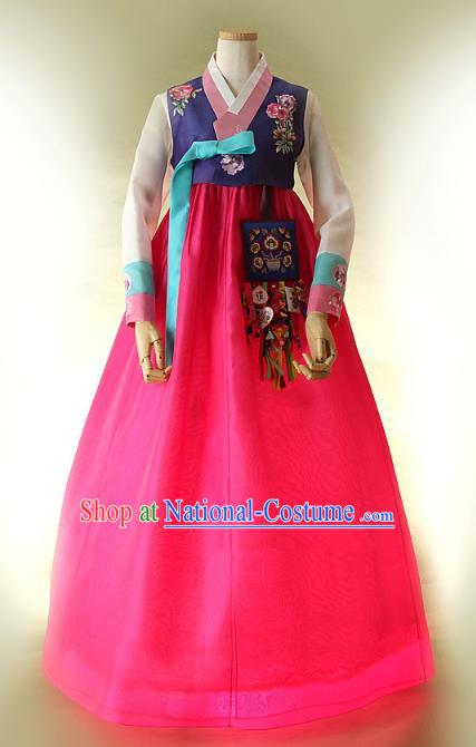 Top Grade Korean Hanbok Traditional Bride Purple Blouse and Rosy Dress Fashion Apparel Costumes for Women