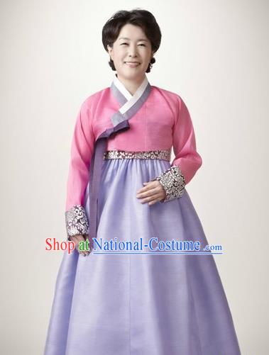 Top Grade Korean Hanbok Traditional Pink Blouse and Lilac Dress Fashion Apparel Costumes for Women